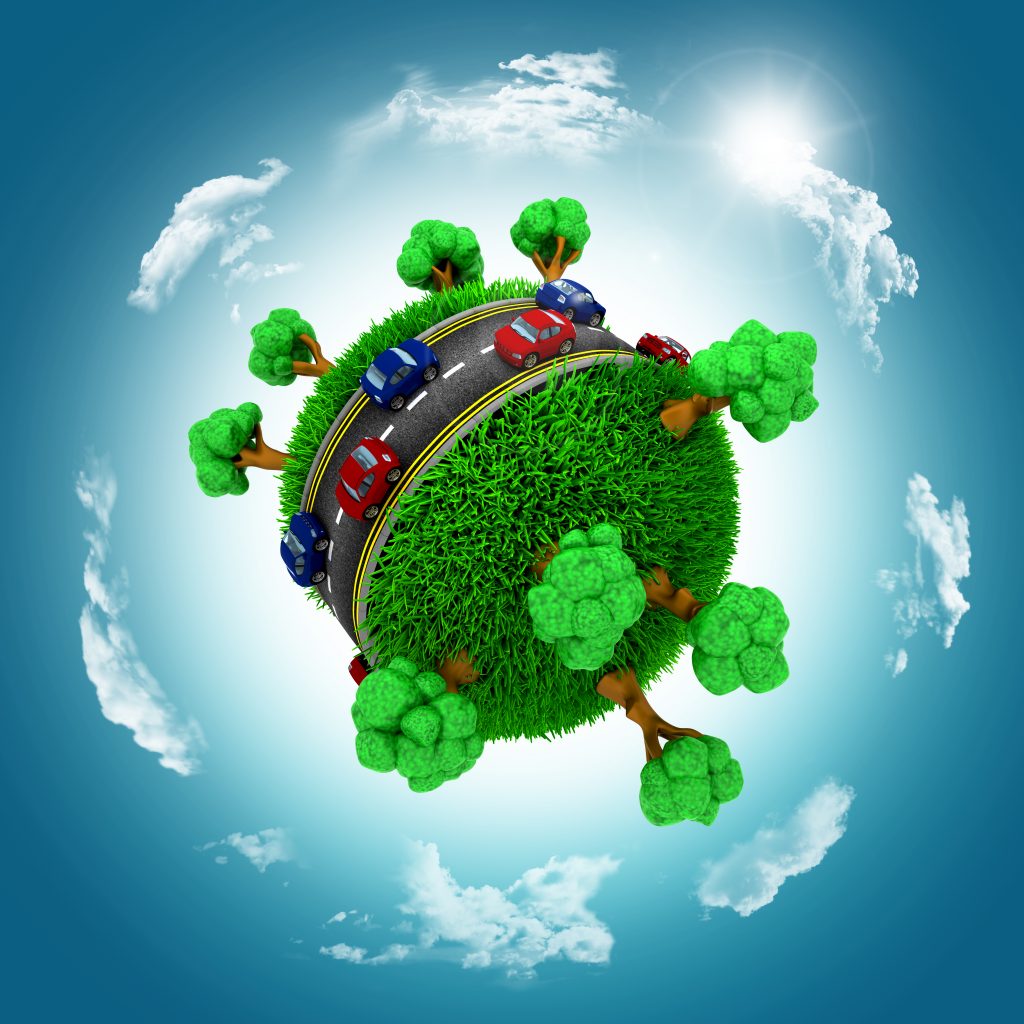 3D render of grassy globe with cars and trees against a blue cloudy sky